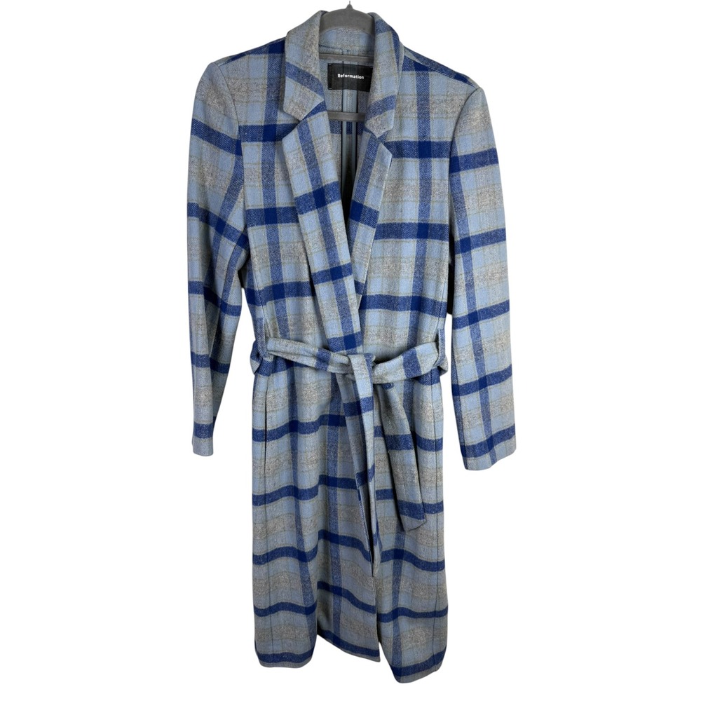 Reformation Barton Blue Gray Plaid Wool Blend Belted Wrap Coat Size XS
